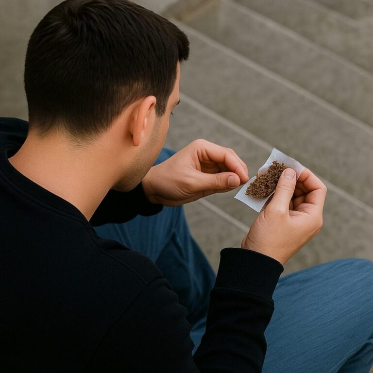 una persona líandose un cigarro con tabaco de liar en unas escaleras